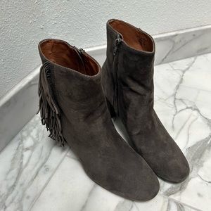 Frye Charcoal Suede Fringe Heeled Boots